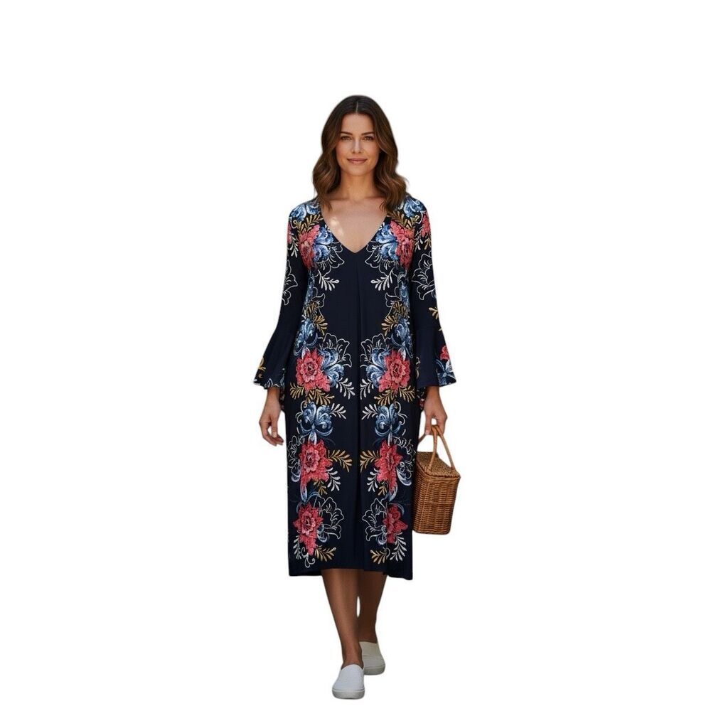 MSK Women's Size 3X Floral Satin Long Dress Navy Hawaiian Flowy Summer Beachy